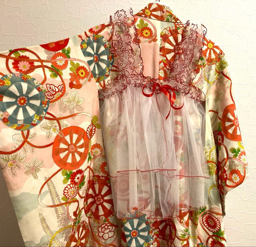 七五三　チュール　フリル　ドレス　被布　白　赤　レトロ　着物　エプロン