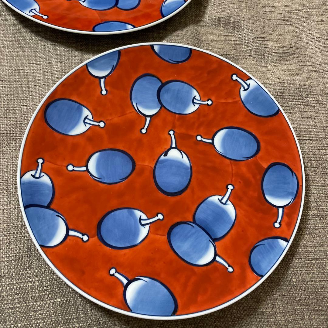 源右衛門窯 染赤濃プルーン文 ペア大皿 27.3cm ゲンエモン 有田焼 2枚