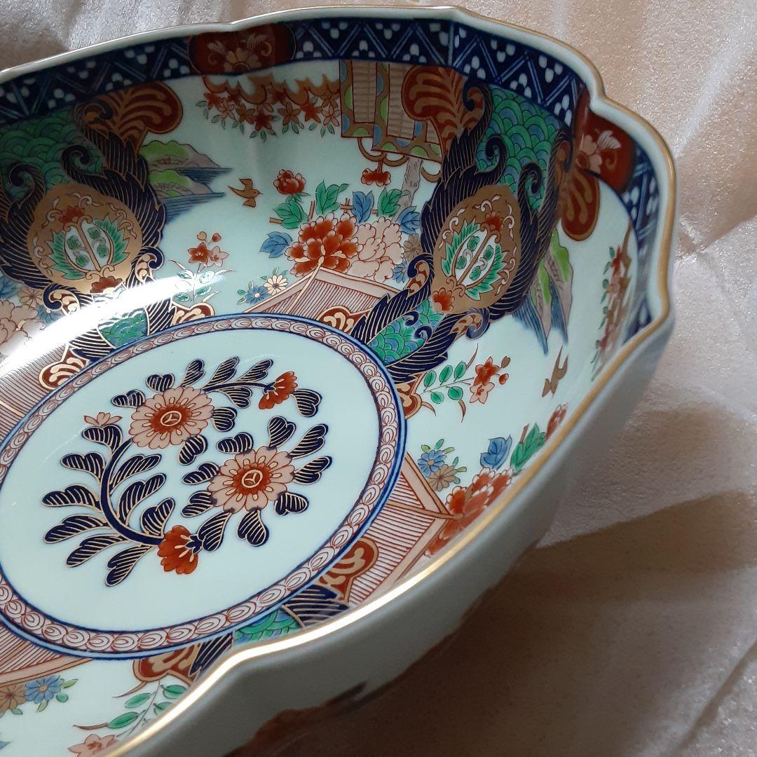 美品☘️有田焼 弥左衛門窯 金彩染錦☘️元禄みやび 輪花大鉢 26.5cm