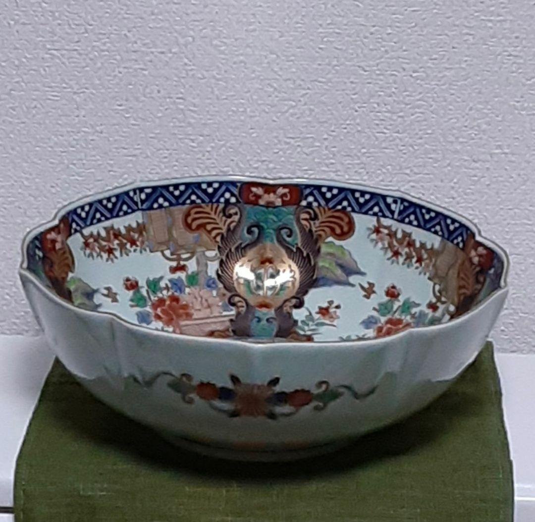 美品☘️有田焼 弥左衛門窯 金彩染錦☘️元禄みやび 輪花大鉢 26.5cm