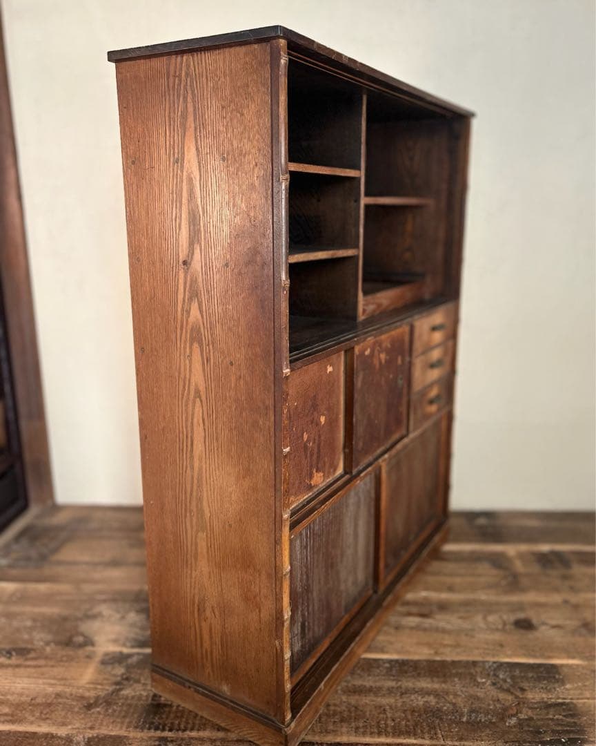 昭和初期 古家具 木製収納棚 食器棚 修理前 現状渡し リメイクベース