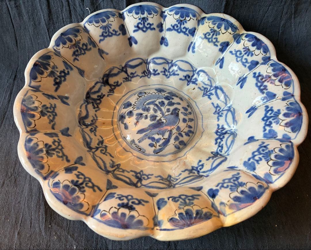 染付け花鳥文輪花大鉢　デルフト陶器　17世紀　オランダ　江戸時代初期