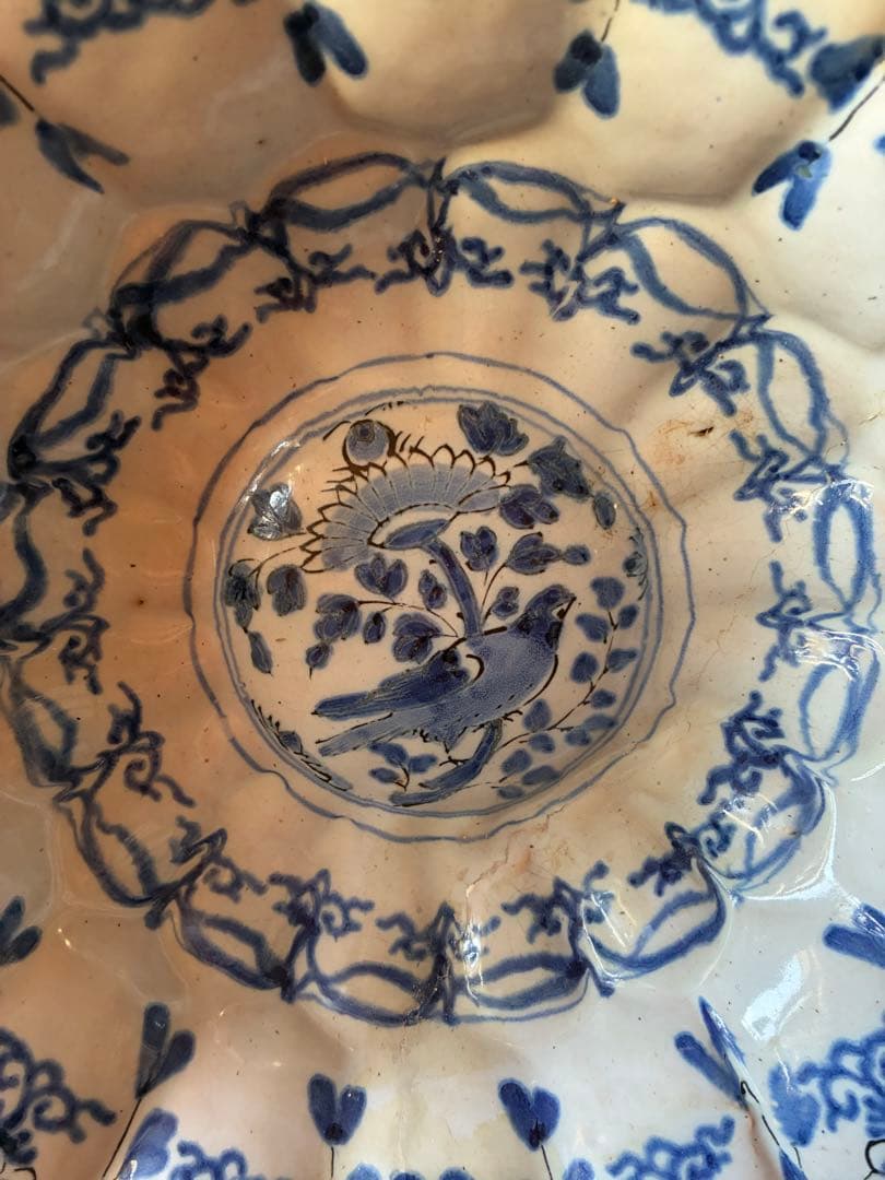 染付け花鳥文輪花大鉢　デルフト陶器　17世紀　オランダ　江戸時代初期