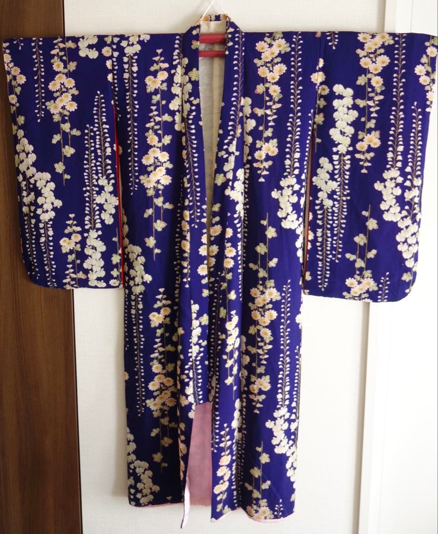 アンティーク　子供着物　藤　菊　鬼しぼ縮緬
