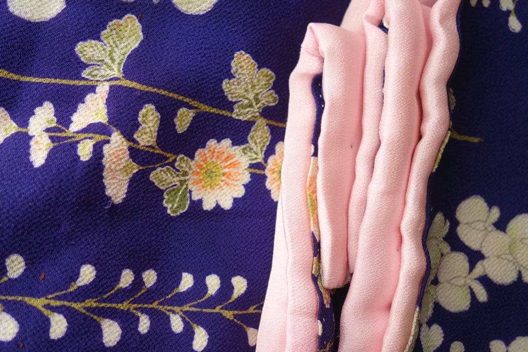 アンティーク　子供着物　藤　菊　鬼しぼ縮緬