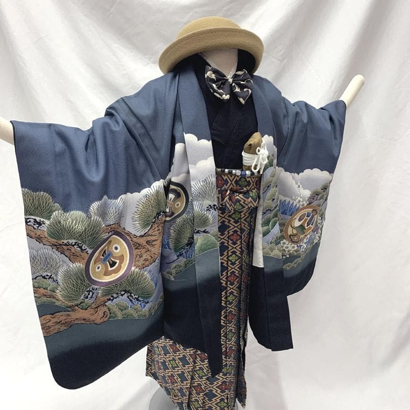 507ab58■七五三 五歳 男児 着物&羽織&袴&角帯&長襦袢 鷹 松■美品