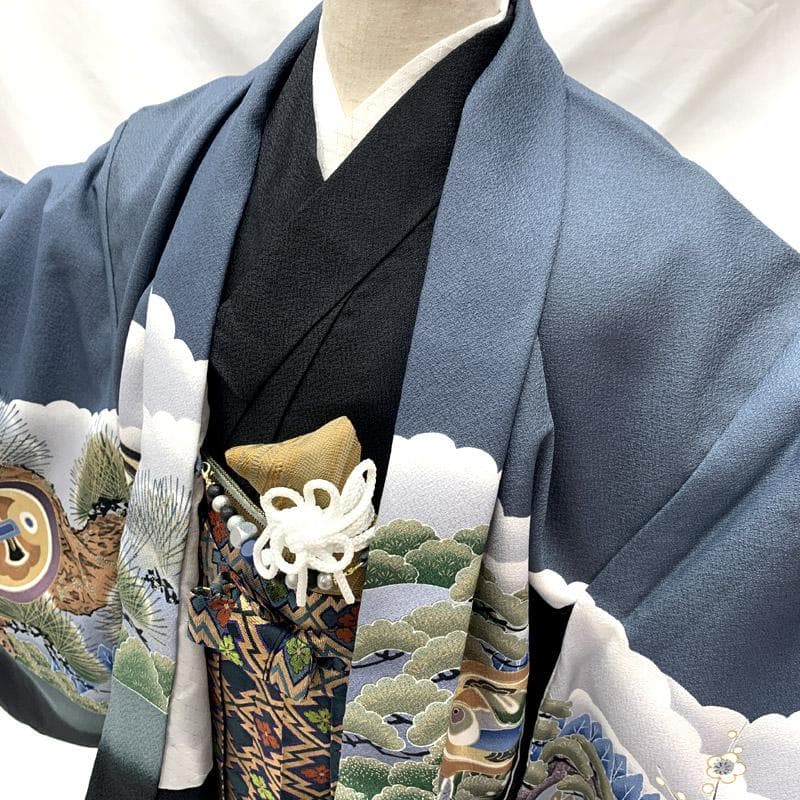 507ab58■七五三 五歳 男児 着物&羽織&袴&角帯&長襦袢 鷹 松■美品
