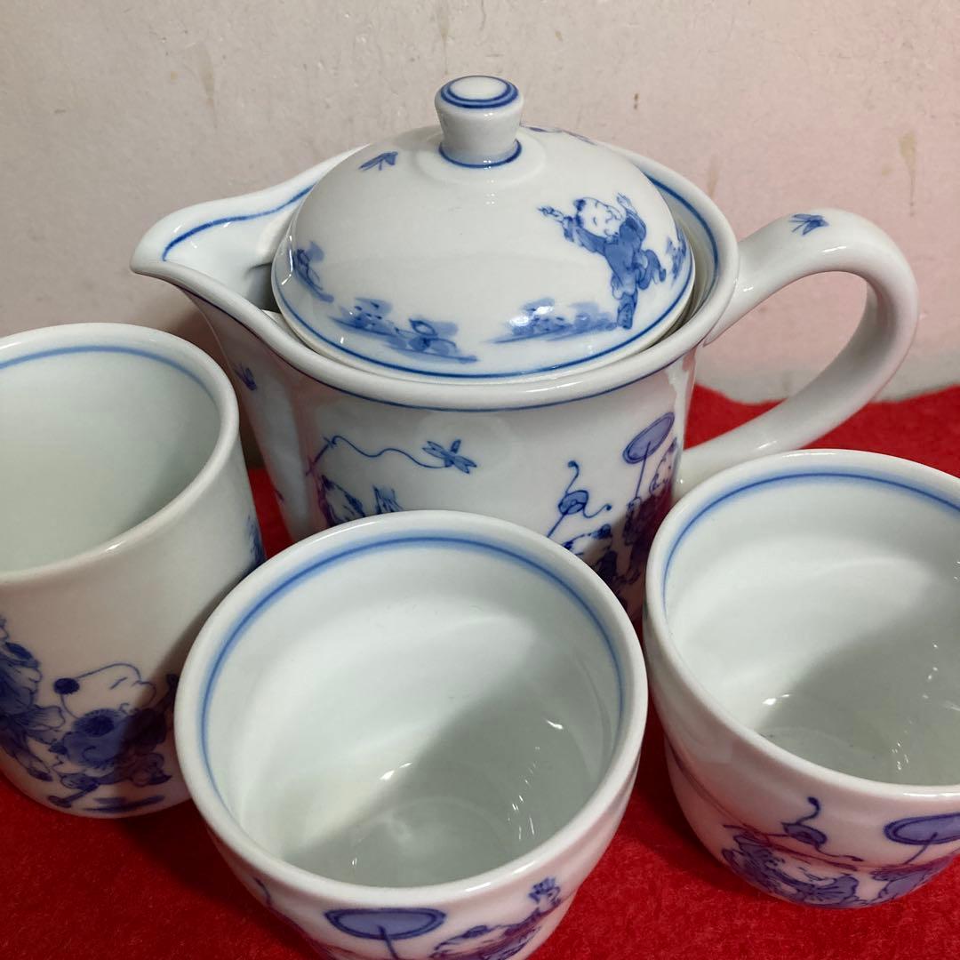 長崎 平戸三川内焼 白磁唐子絵図 急須湯呑み4点セット 嘉泉窯 （未