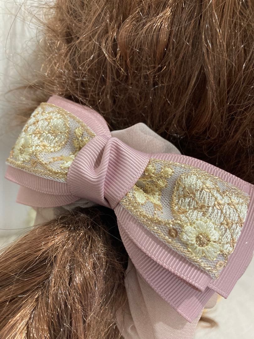 ハンドメイドシュシュM-4260♡渋ピンクジョーゼット♡インド刺繍リボン