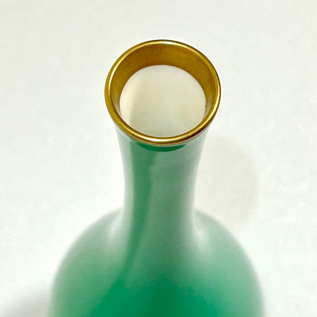 美品】香蘭社 一輪挿し 花瓶 グリーン 金彩 陶磁器 花器 鶴首花瓶