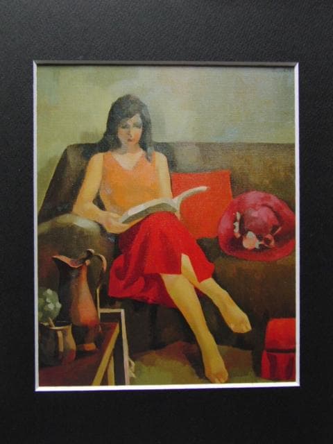 前田利昌、【読書する人】、希少な画集画、新品高級額・額装付