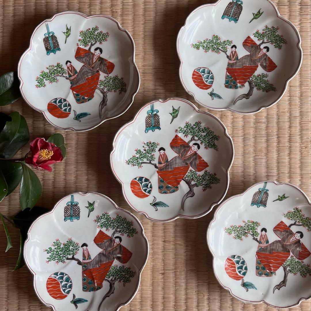 骨董　古伊万里　立雛　5寸皿　5客組