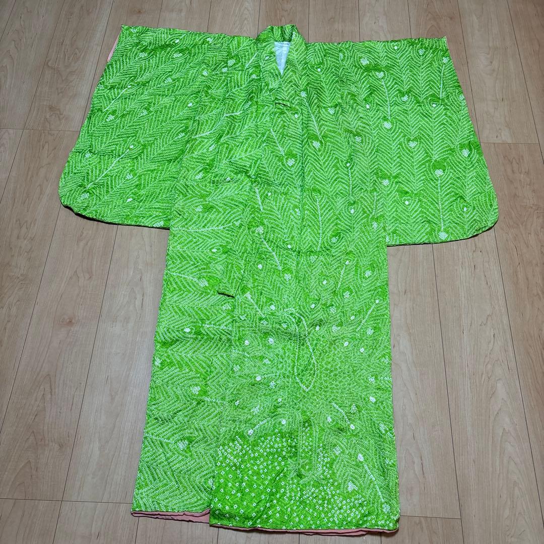 187 正絹　黄緑×総絞り　疋田　 7歳 七五三着物セット　和装小物　袋帯