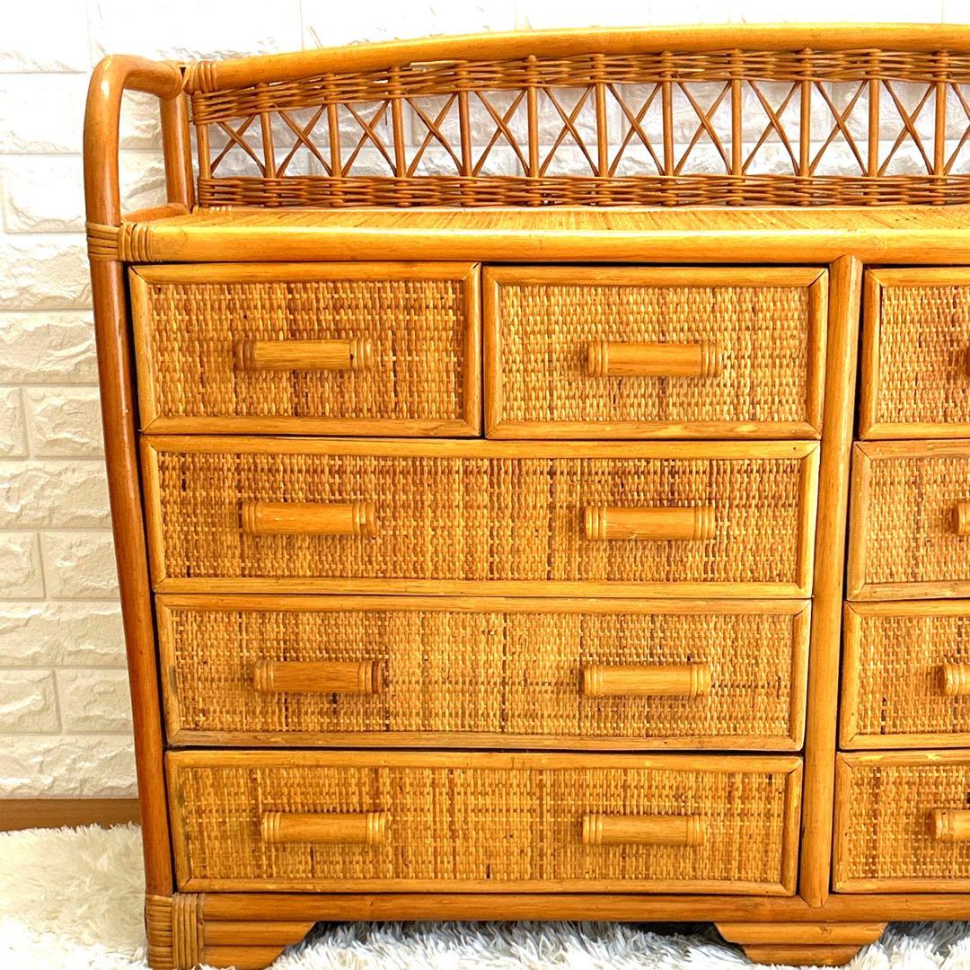 昭和レトロ　ラタンチェスト 4段10杯　籐 ワイド ローチェスト 棚 テレビ台