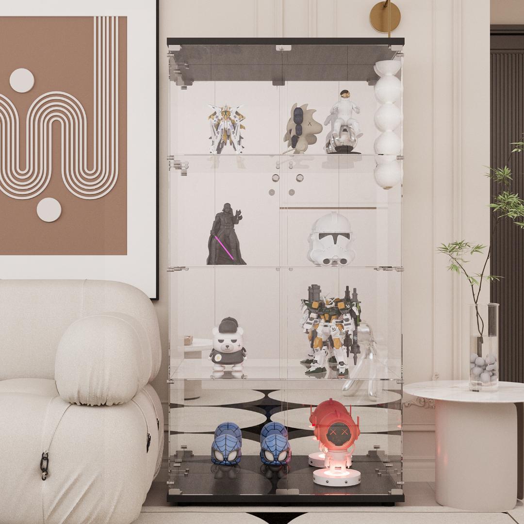 《値下げ》【新品未使用】ガラスコレクションケース｜背面ミラー仕様｜4段ワイド黒