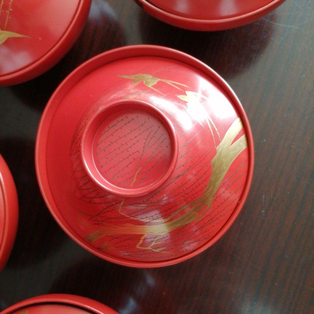 木製漆器　朱塗金彩柳飛鳥文蓋付椀　9客　10.5cm　江戸後期～明治期