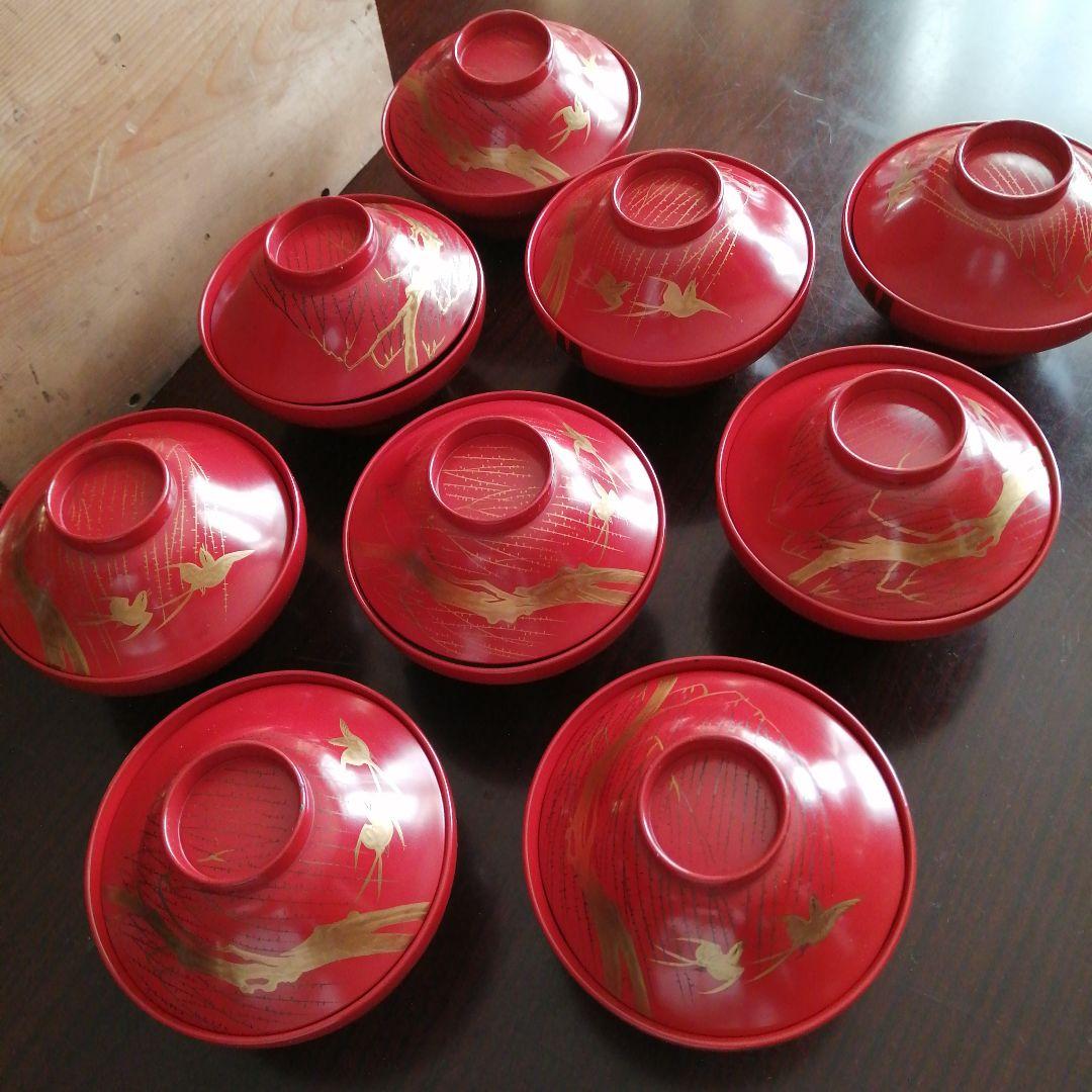 木製漆器　朱塗金彩柳飛鳥文蓋付椀　9客　10.5cm　江戸後期～明治期