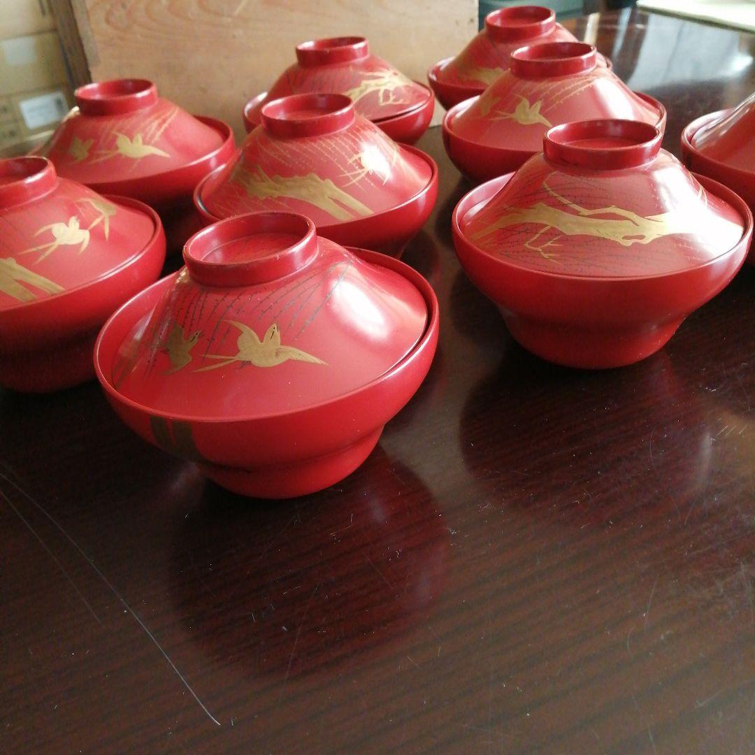 木製漆器　朱塗金彩柳飛鳥文蓋付椀　9客　10.5cm　江戸後期～明治期