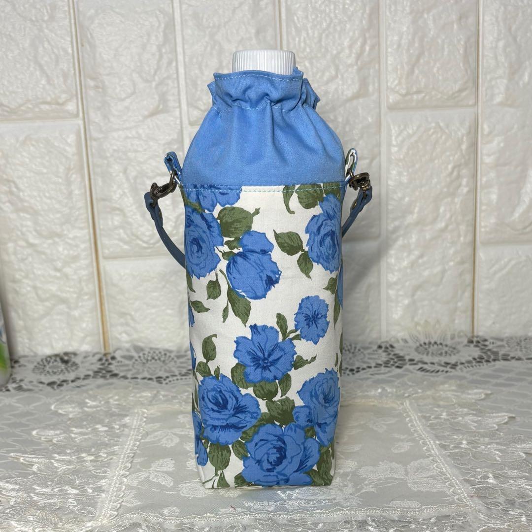ペットボトルカバー 青い薔薇 本革持ち手 ハンドメイド ペットボトル