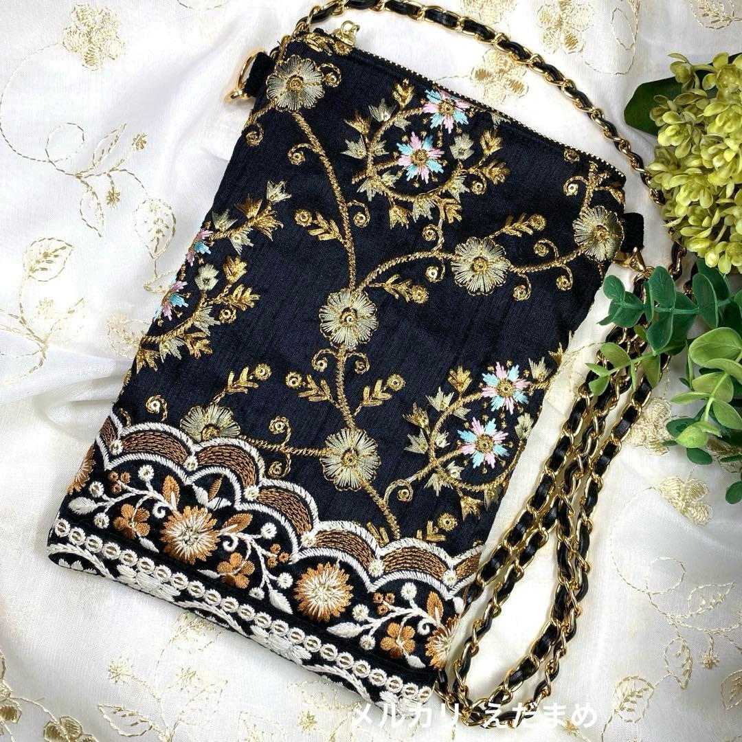 スマホショルダー スマホポシェット サコッシュ インド刺繍生地 黒