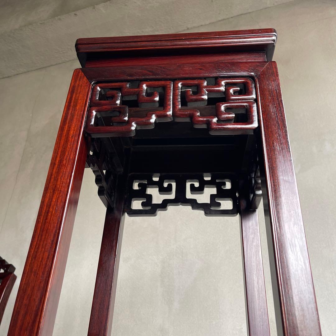 中国美術 古唐木造 透彫花台 如意巻足 正方高卓 盆栽台 香炉台 紫檀黄花梨
