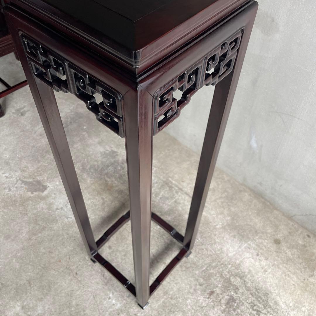 中国美術 古唐木造 透彫花台 如意巻足 正方高卓 盆栽台 香炉台 紫檀黄花梨