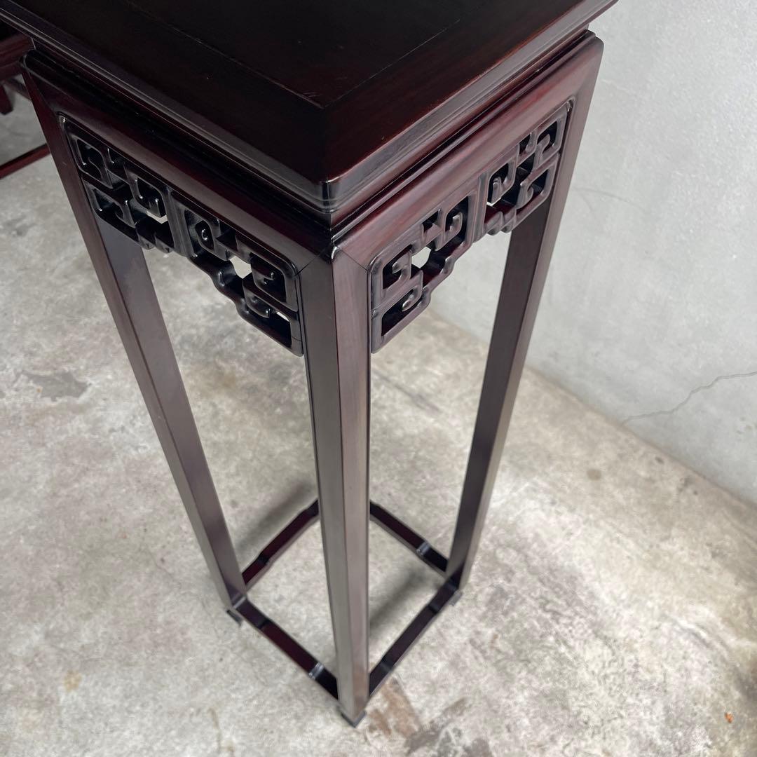 中国美術 古唐木造 透彫花台 如意巻足 正方高卓 盆栽台 香炉台 紫檀黄花梨