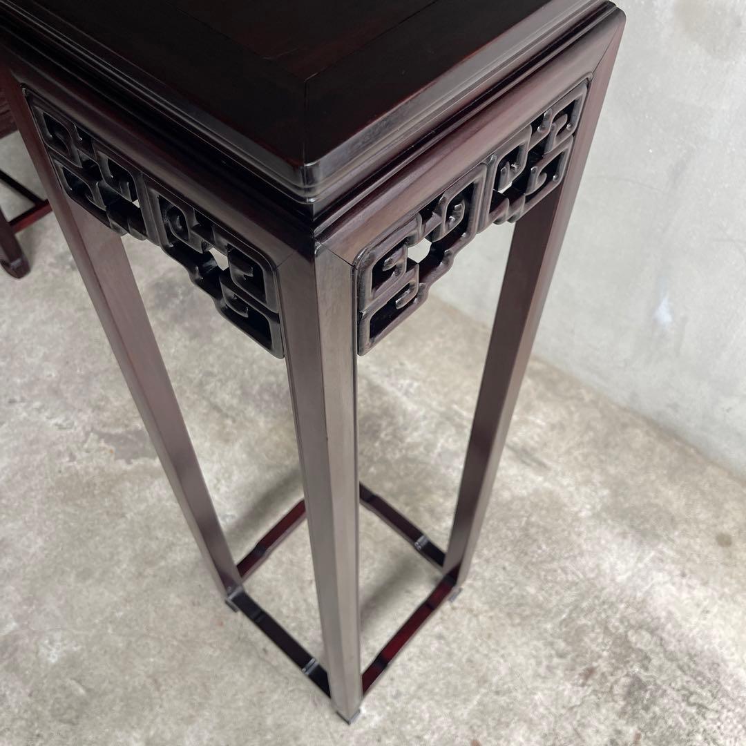 中国美術 古唐木造 透彫花台 如意巻足 正方高卓 盆栽台 香炉台 紫檀黄花梨