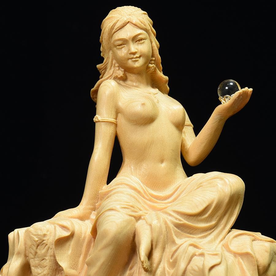 【高さ18cm】水晶宝珠　裸弁天　木彫　美術　仏教　仏像　弁天　弁才天