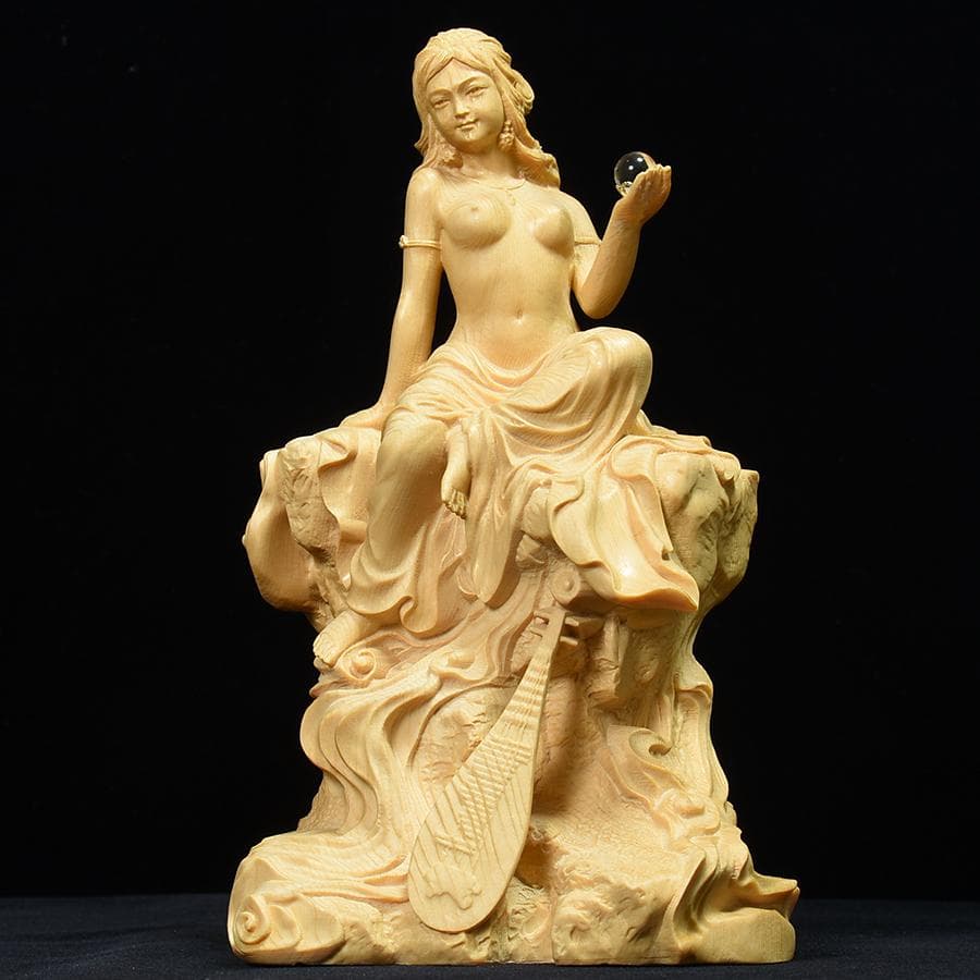 【高さ18cm】水晶宝珠　裸弁天　木彫　美術　仏教　仏像　弁天　弁才天