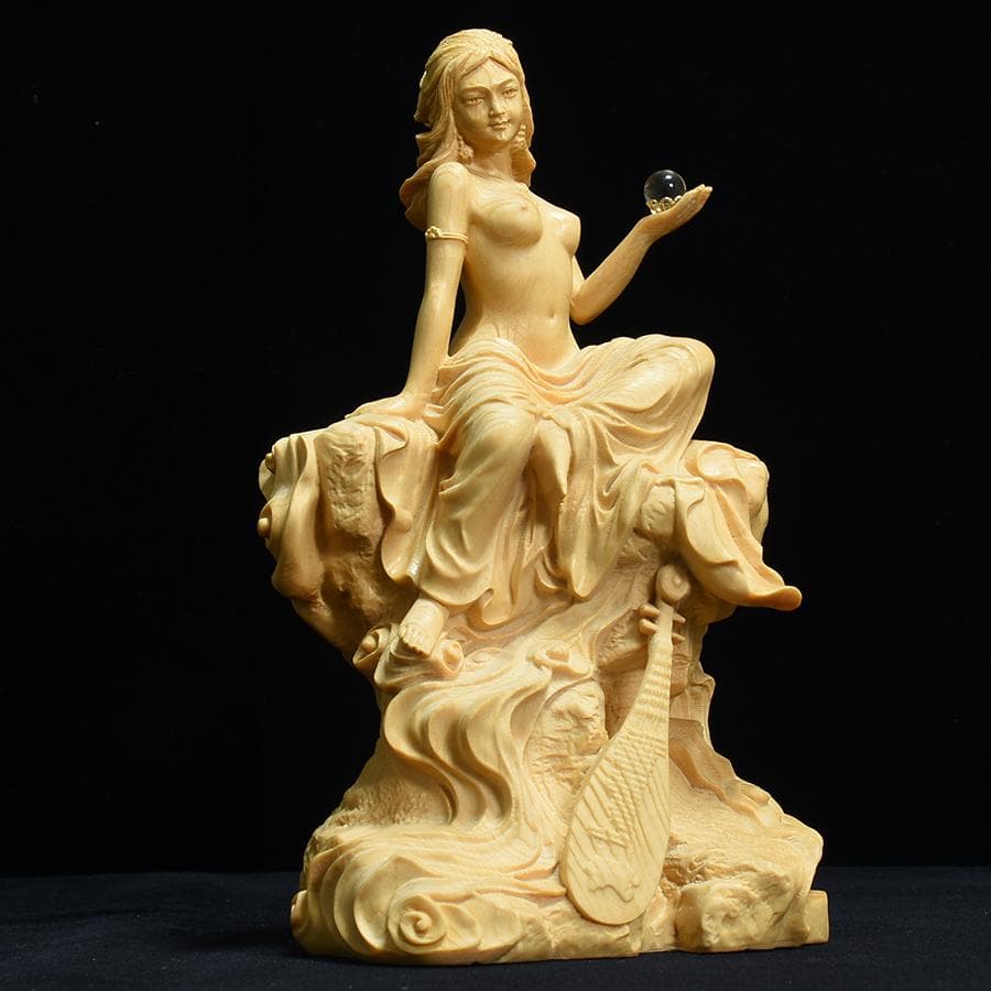 【高さ18cm】水晶宝珠　裸弁天　木彫　美術　仏教　仏像　弁天　弁才天