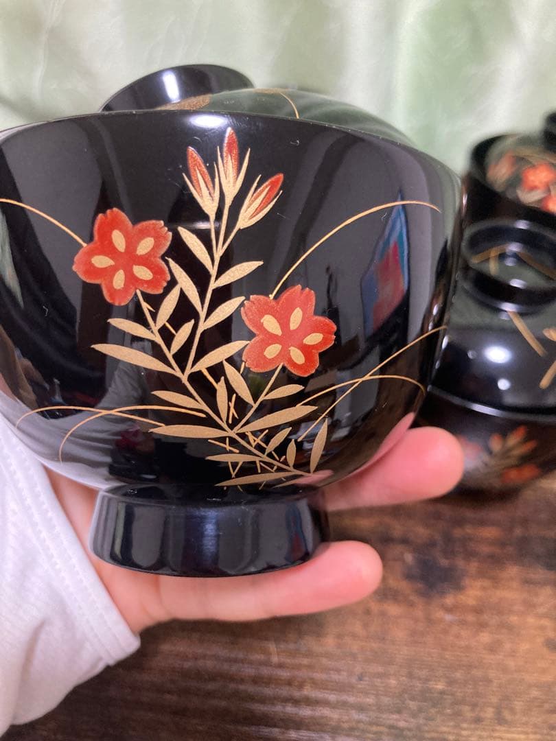 輪島塗椀 草花金蒔絵　黒塗御吸物椀 五客 木製漆器 漆芸懐石会席