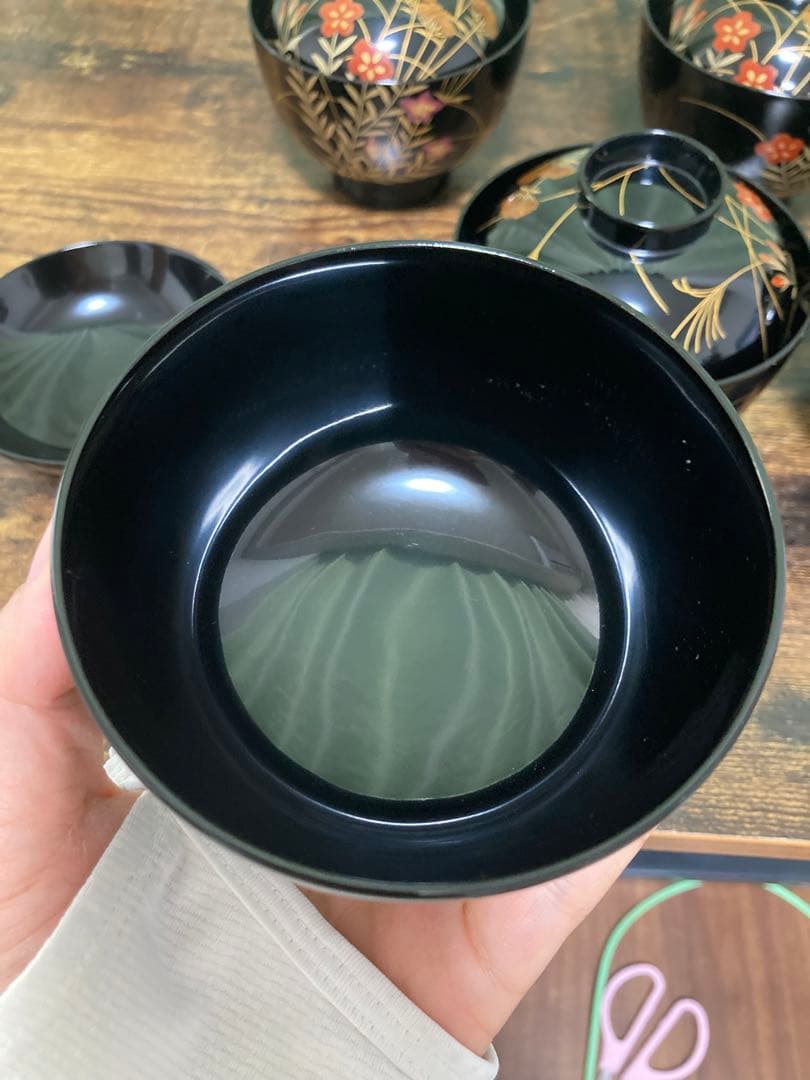 輪島塗椀 草花金蒔絵　黒塗御吸物椀 五客 木製漆器 漆芸懐石会席