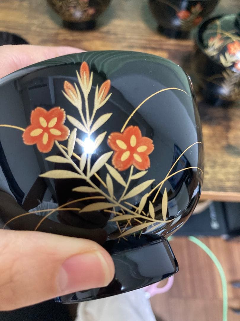 輪島塗椀 草花金蒔絵　黒塗御吸物椀 五客 木製漆器 漆芸懐石会席