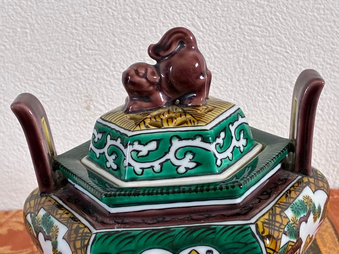 骨董＊九谷焼＊香炉＊陶器＊六角形＊獅子蓋付香炉＊年代物＊美品