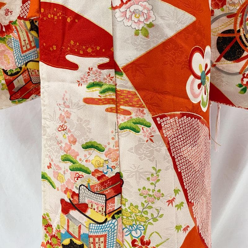 508ag86◎七五三 七歳 女児 アンティーク着物&丸帯 総柄 濃い朱色◎