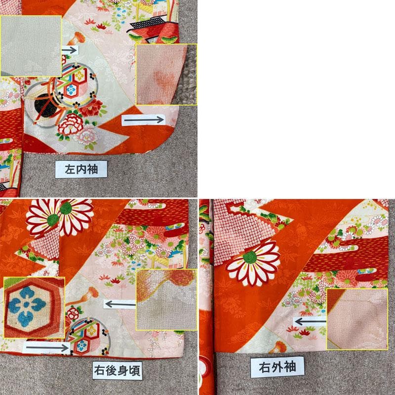 508ag86◎七五三 七歳 女児 アンティーク着物&丸帯 総柄 濃い朱色◎