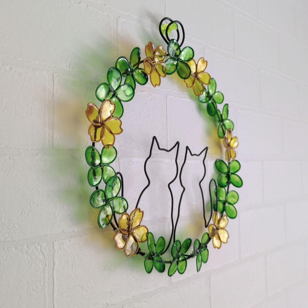 猫と花のリース ディップアート ワイヤーアート ワイヤークラフト ねこ