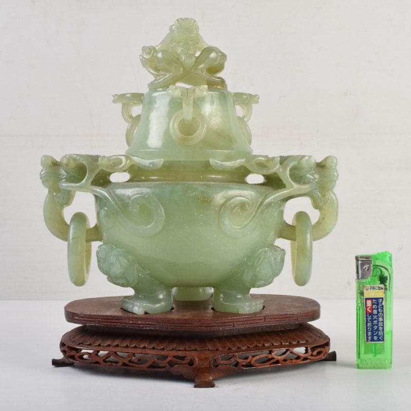 中国　玉石彫刻　雙耳活環　龍鈕蓋爐　香炉　唐木台付　C　9149