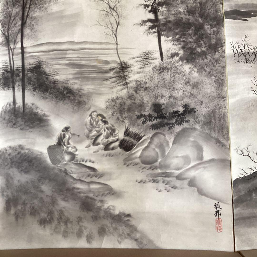 橋本雅邦　紙本水墨画《風景人物画》肉筆　落款印譜あり　双幅捲り　模写　NO107
