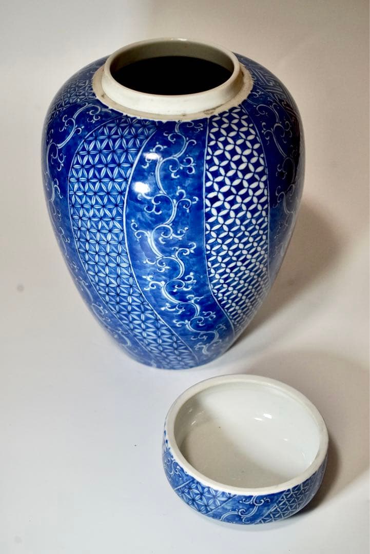 初代 川本桝吉 枡吉 染付有職文沈香壺 明治期瀬戸の