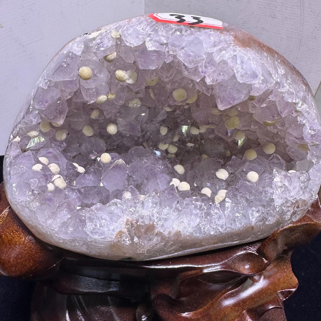 【天然石】アメジスト＆カルサイト 共生 モチーフ彫刻 置物 巾着袋デザインA.1