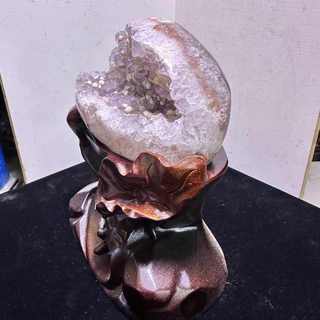 【天然石】アメジスト＆カルサイト 共生 モチーフ彫刻 置物 巾着袋デザインA.1