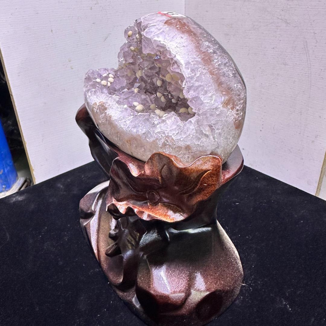 【天然石】アメジスト＆カルサイト 共生 モチーフ彫刻 置物 巾着袋デザインA.1