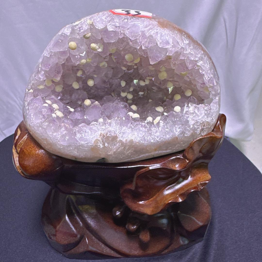 【天然石】アメジスト＆カルサイト 共生 モチーフ彫刻 置物 巾着袋デザインA.1