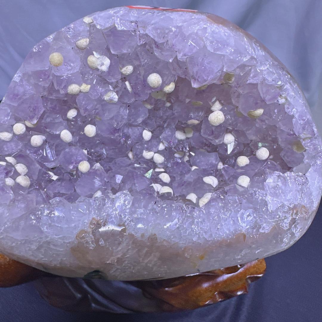 【天然石】アメジスト＆カルサイト 共生 モチーフ彫刻 置物 巾着袋デザインA.1