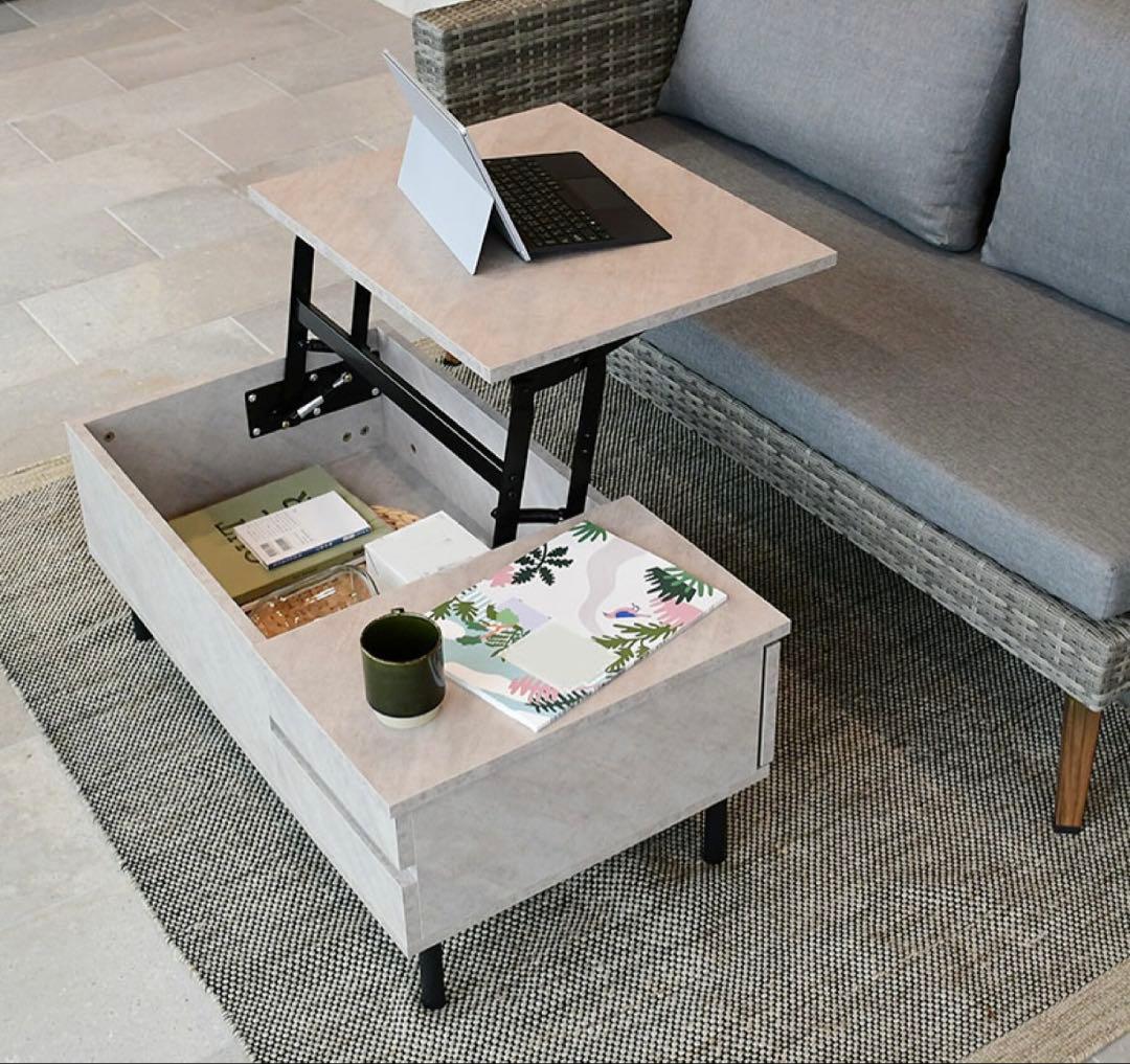 【M】昇降式 センターテーブル ローテーブル 収納付き 高級感　グレー