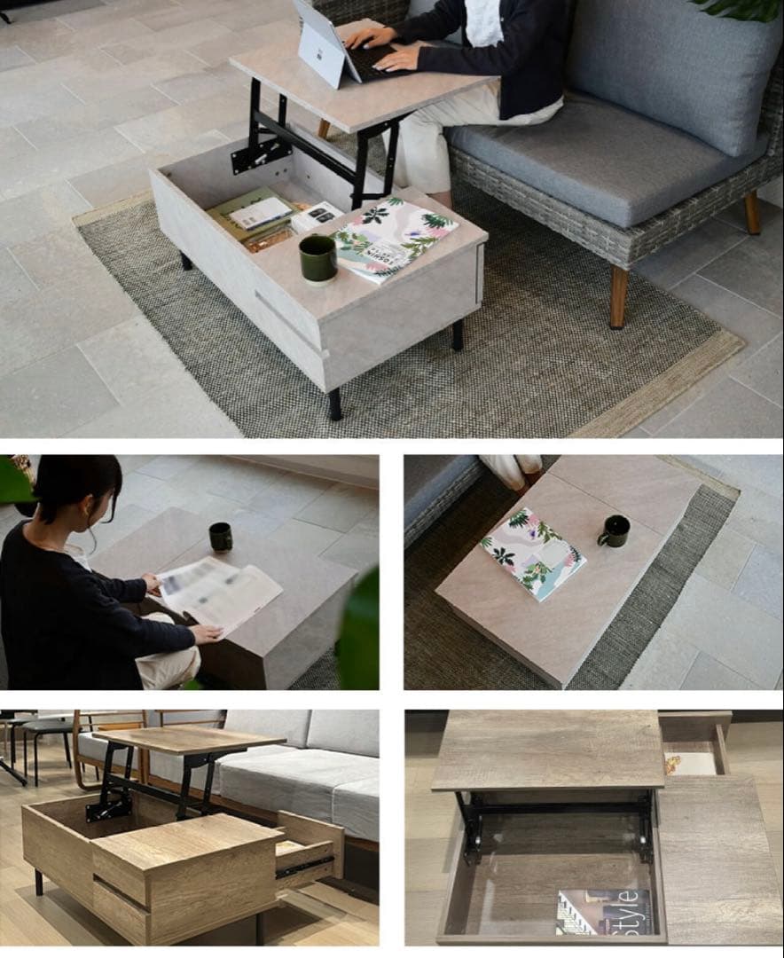 【M】昇降式 センターテーブル ローテーブル 収納付き 高級感　グレー