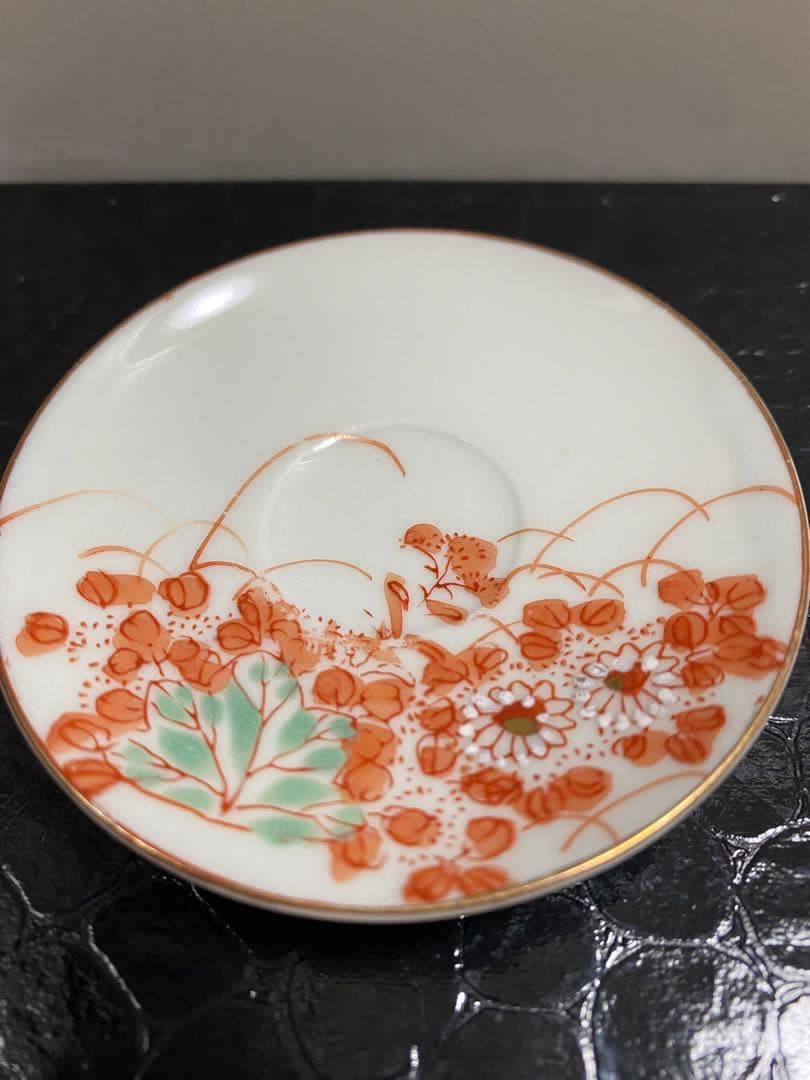 加賀　九谷焼　赤絵　骨董品　アンティーク　豆皿　7センチ　5枚セット