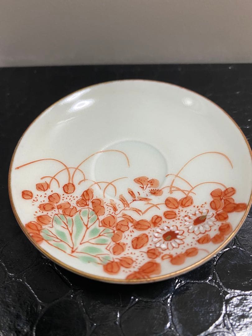 加賀　九谷焼　赤絵　骨董品　アンティーク　豆皿　7センチ　5枚セット